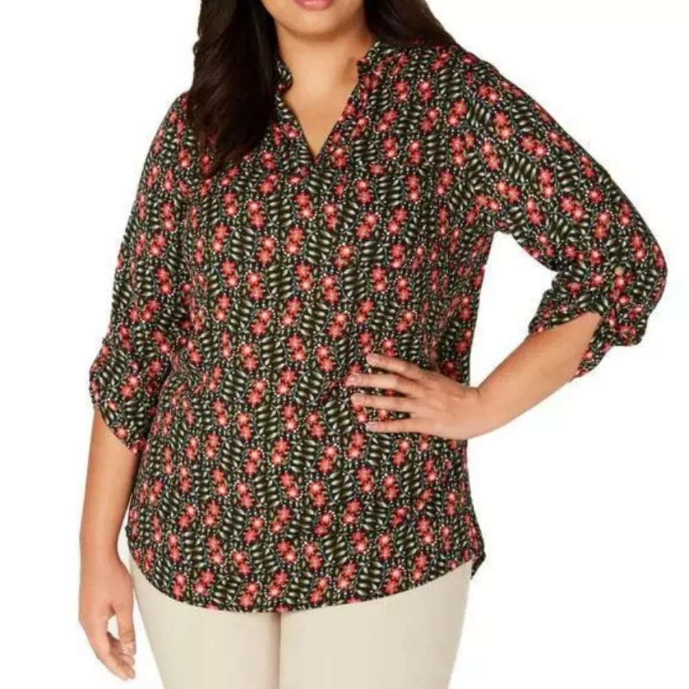 ♥️ NY Collection Black With Green and Red Flowers Tunic Blouse. 3X. Like New!
